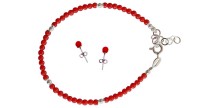 Parure en perles de Corail rouge et perles d'Argent - bracelet et boucles d'oreilles