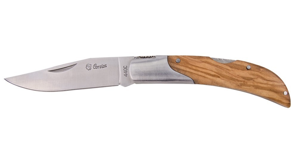 Corsica knife in olive wood with stylized bolster and lock-back