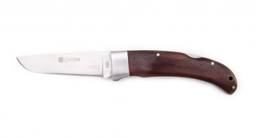 Folding knife with Arbutus handle, lock-back system and attachment eyelet.