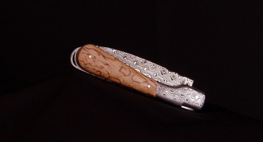 Le Sperone folding knife, curly birch handle - Damascus blade and bolster