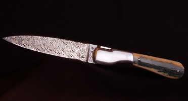 Le Sperone Folding Knife in Fossilized Blue Mammoth Ivory - Damascus Blade