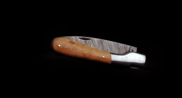 Vendetta Zuria knife in Boxwood burl and Damascus blade