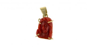 Jesus pendant in red coral and yellow gold bail
