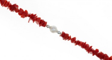 Collier en éclats de Corail rouge, perles de culture et Argent