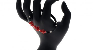Adjustable Rubber Bracelet, Red Coral, Onyx and Silver