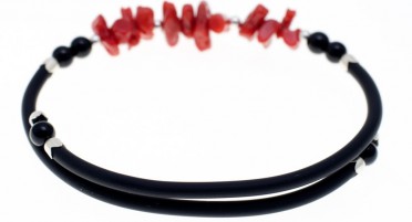 Adjustable Rubber Bracelet, Red Coral, Onyx and Silver