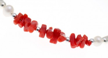 Bracelet ajustable en caoutchouc, Corail rouge, perles argentées et nacre