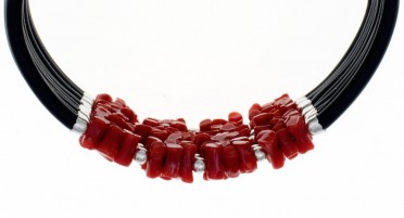 Cuff bracelet with 10 rows in Red Coral and Silver beads