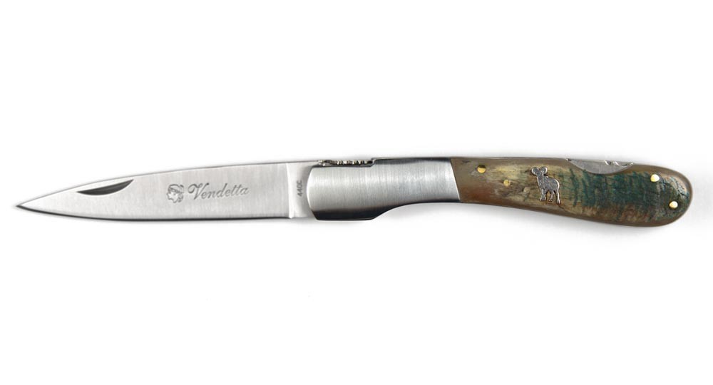 Vendetta folding knife in Aries Horn with inclusion of mouflon