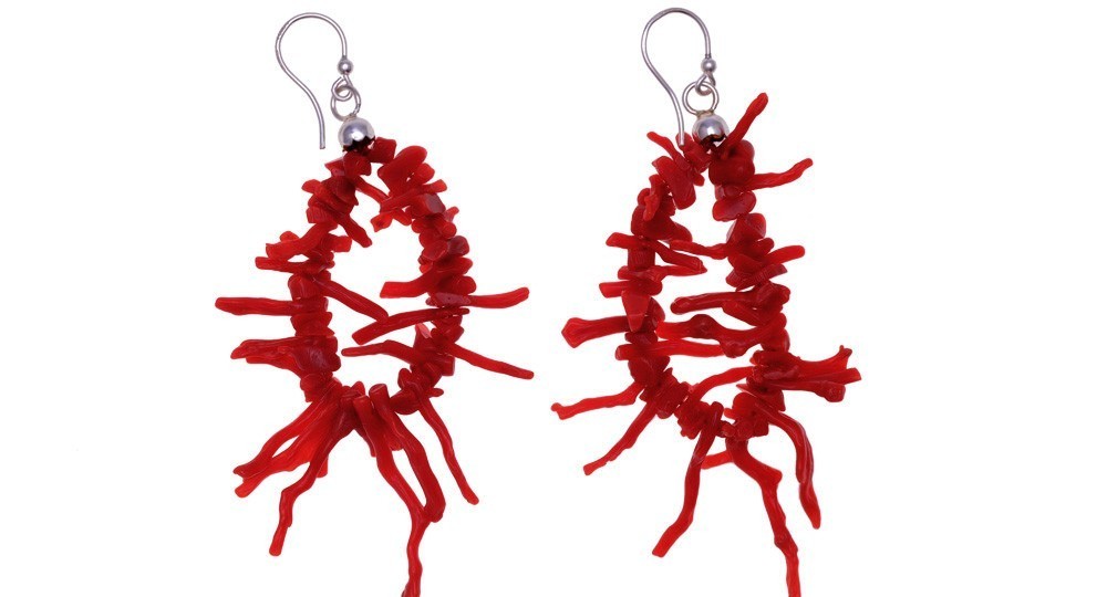 Dangling Earrings in Mediterranean Coral Fringes and Silver