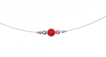 Perle de Corail rouge de méditerranée et perles d'Argent montées sur un collier câble