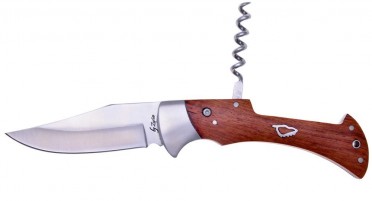 Folding knife with corkscrew - steel bolster and Arbutus handle - Safety with push-up button