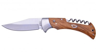 Folding shepherd's knife in olive wood with corkscrew and Push-button