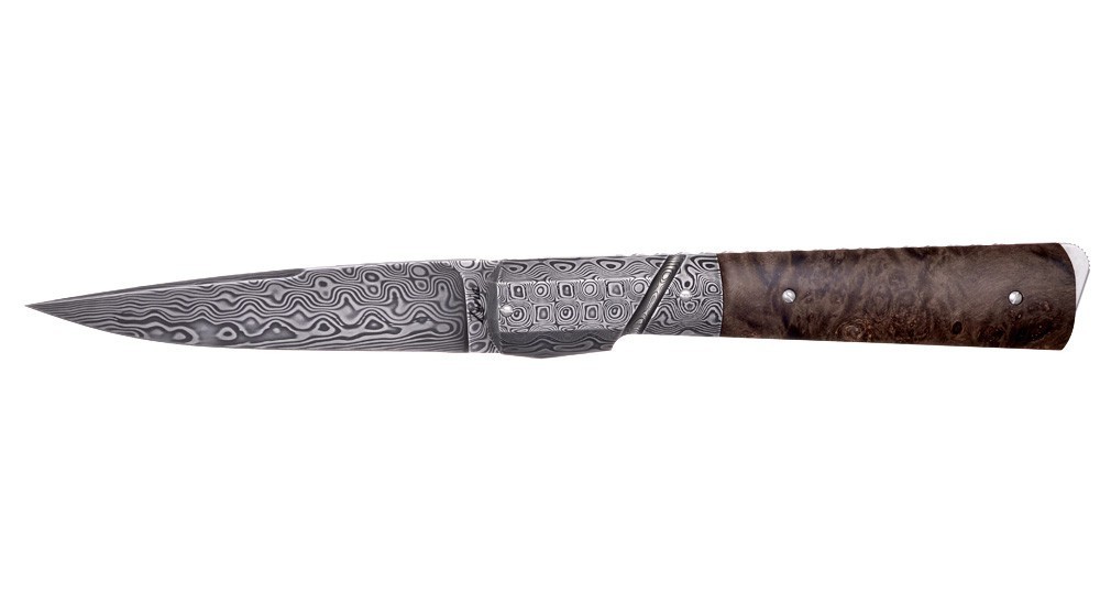 Le Kallisté knife with dark stabilized root handle - bolster and Damascus blade