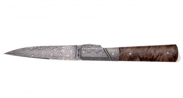Le Kallisté knife with dark stabilized root handle - bolster and Damascus blade