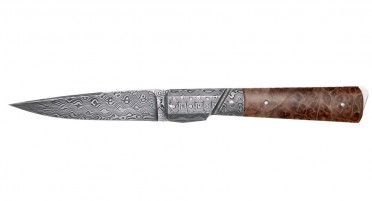 Exceptional folding knife with bolster and Damascus blade - light root handle