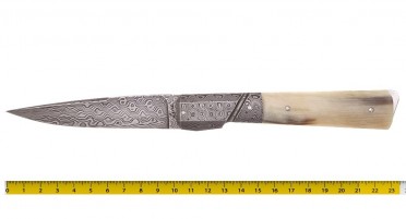 Handmade folding knife, with ram horn handle, bolster and damascus blade