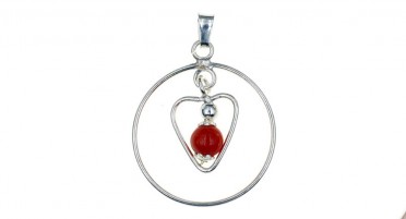 Silver Pendant with Red Coral Bead in a Heart
