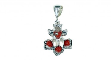 Flower-shaped pendant, in Silver with red Coral beads