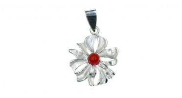 Silver flower and red Coral pearl mounted as a pendant