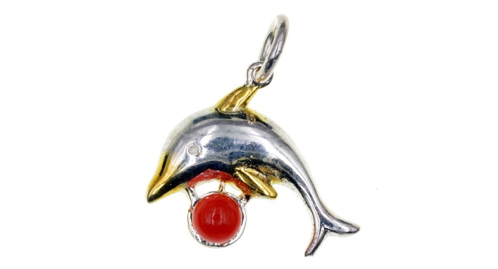 Dolphin-shaped pendant in Silver and gold plated with a coral cabochon
