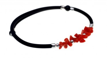 Bracelet ajustable en Corail rouge, perles argentées et caoutchouc
