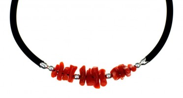 Bracelet ajustable en Corail rouge, perles argentées et caoutchouc
