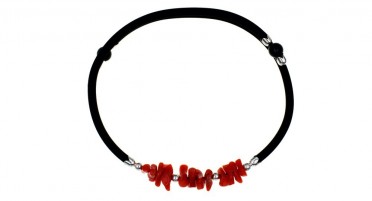 Bracelet ajustable en Corail rouge, perles argentées et caoutchouc