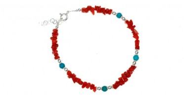 Bracelet in Red Mediterranean Coral, Turquoise Beads and Silver