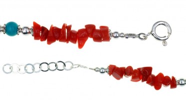 Bracelet in Red Mediterranean Coral, Turquoise Beads and Silver
