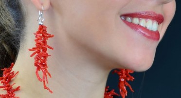 Jewelry set in Red Coral and Silver - Necklace and earrings