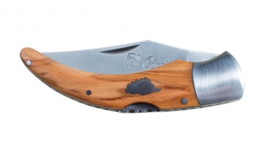 Couteau de berger Corse - mitre en acier et manche en bois d'Olivier avec emblème - 18 cm ouvert