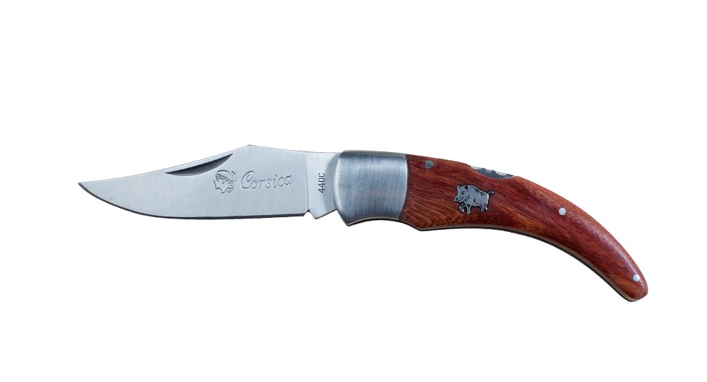 Corsican shepherd's knife - steel miter and Arbutus wood handle with wild boar - 18 cm open
