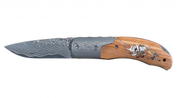 Couteau Corsica avec manche en Olivier et Nacre - mitre et lame Damas