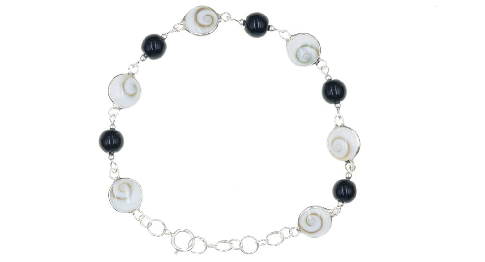 Bracelet Corse avec œil de Shiva, perles d'Onyx sur chaînette en Argent