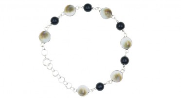 Corsican bracelet with Shiva eye, Onyx beads on silver chain
