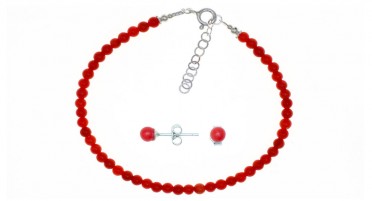Parure en perles de Corail rouge et Argent - bracelet et boucles d'oreilles