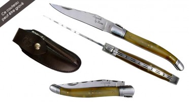 Laguiole knife set in Aries horn with leather case and mini-rifle