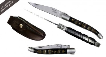 Buffalo horn Laguiole knife set with leather case and mini-rifle