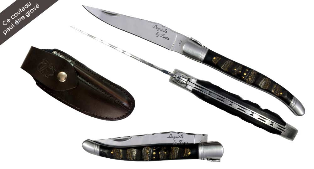 Ensemble couteau Laguiole en Corne de Buffle avec étui en cuir et mini-fusil