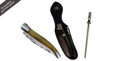 Ensemble couteau Laguiole en Corne de Bélier avec étui en cuir et mini-fusil
