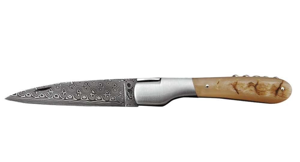 Vendetta Zuria knife with corkscrew - Damascus blade and Aries horn handle