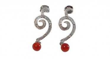 Dangling silver earrings with rhinestones and red Coral pearl