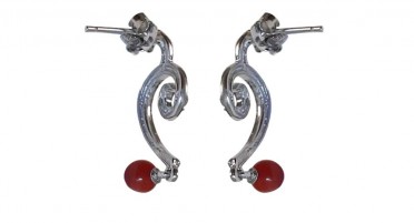 Boucles d'oreille pendantes en Argent avec strass et perle de Corail rouge