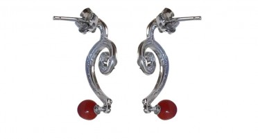 Dangling silver earrings with rhinestones and red Coral pearl