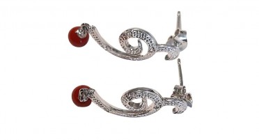 Dangling silver earrings with rhinestones and red Coral pearl