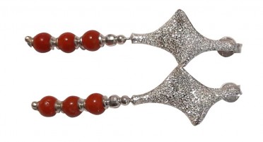 Dangling silver earrings with rhinestones and 3 red Coral pearls