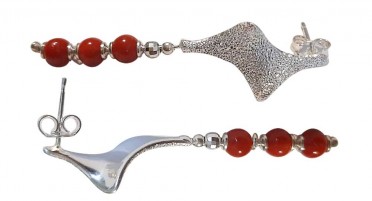Boucles d'oreille pendantes en Argent avec strass et 3 perles de Corail rouge