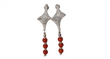Dangling silver earrings with rhinestones and 3 red Coral pearls