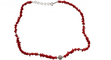 Necklace in 1/2 points of Mediterranean Coral, rhinestone ball and Silver Pearls